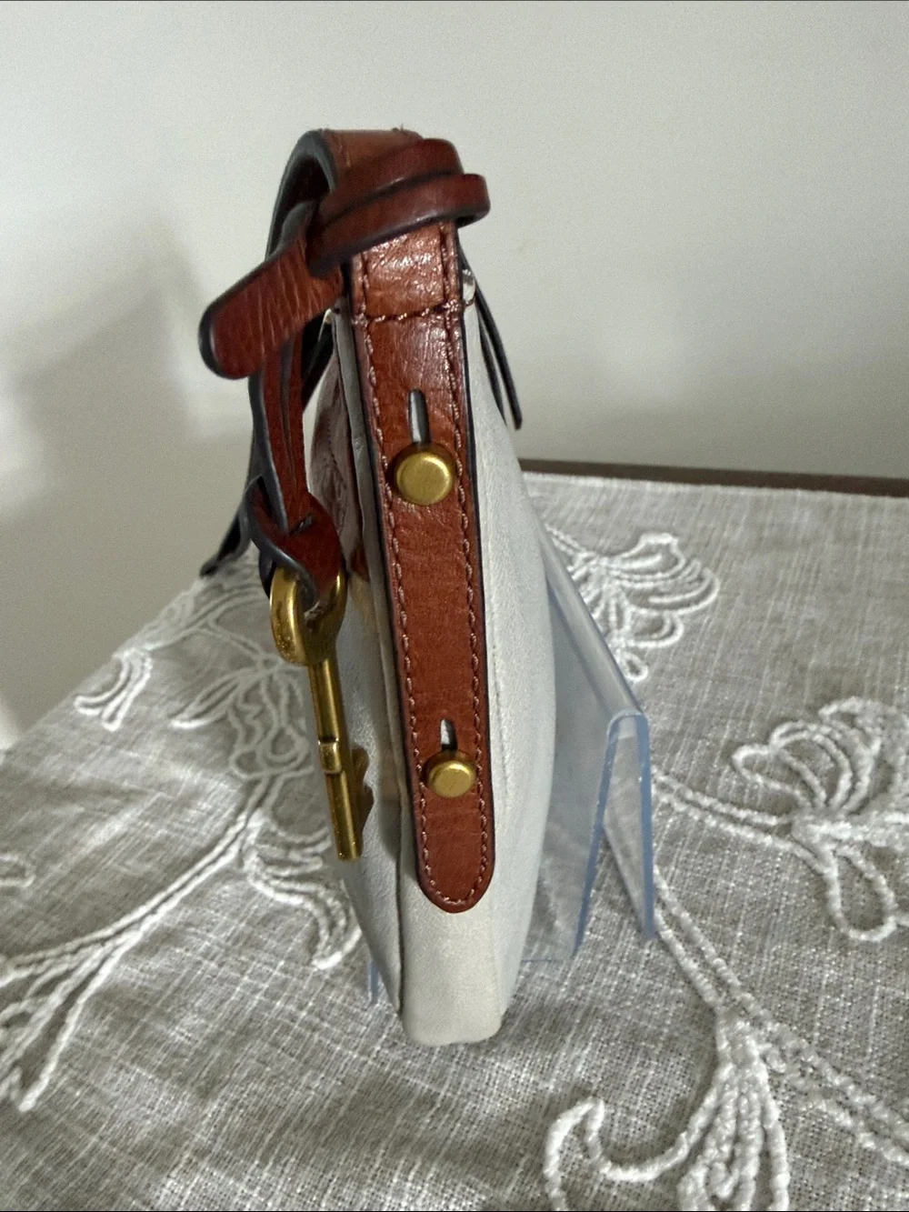Fossil Two-Tone Fiona Leather Crossbody Bag in Brown and Light Gray